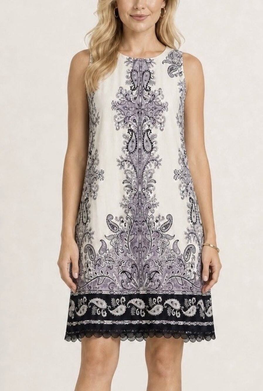 Loft Linen Blend Sleeveless Dress Womens Size 10 Cream Purple Lace Trim Paisley